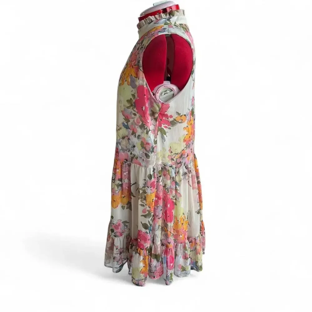 Bleecker 126 Multicolored Floral Sleeveless Dress With‎ Ruffled Collar Large